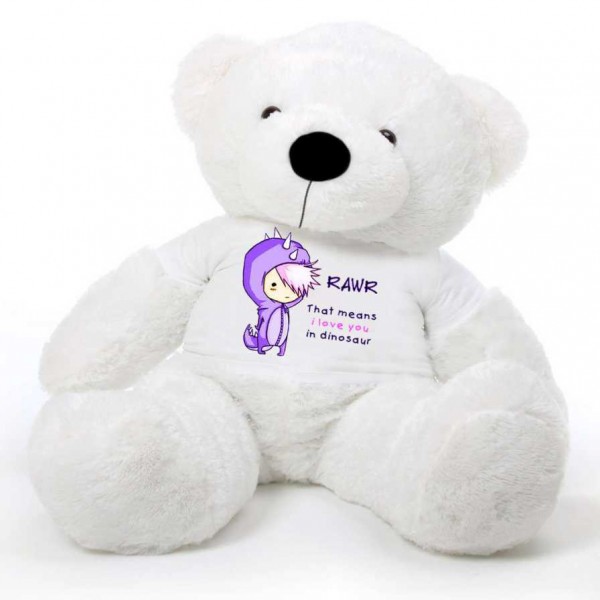 White 5 feet Big Teddy Bear wearing a Purple RAWR I Love You T-shirt
